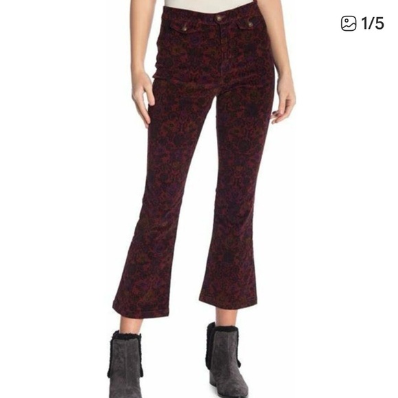 Free People Pants - Free People Burgundy Floral Cropped Flare Pants